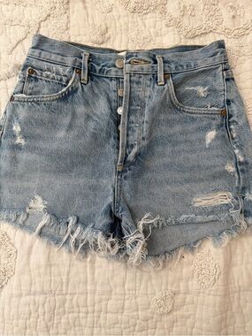 AGOLDE High-Rise Distressed Denim Shorts - Light Blue size 25